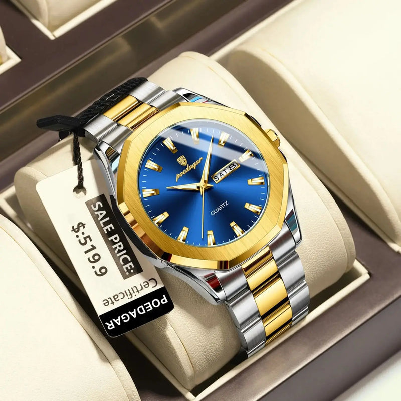 POEDAGAR Luxury Men Wristwatch Waterproof Luminous Week Date Original Man Watch Stainless Steel Sport Quartz Men's Watches Reloj