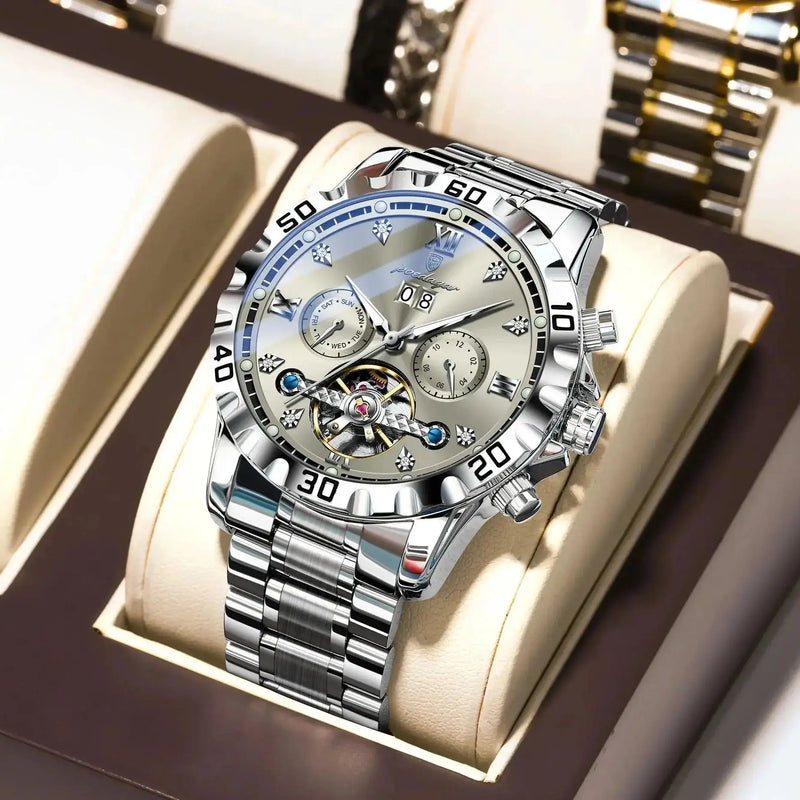 POEDAGAR Top Luxury Men Watch Automatic Date Week Man Wristwatch Hollow Tourbillon Mechanical Stainless Steel Men's Watches Male