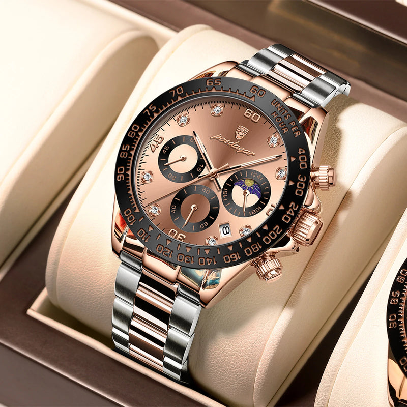 POEDAGAR Luxury Watch For Men Chronograph Waterproof Luminous Date Man Wristwatch Stainless Steel Men's Watches Quartz Clock+box
