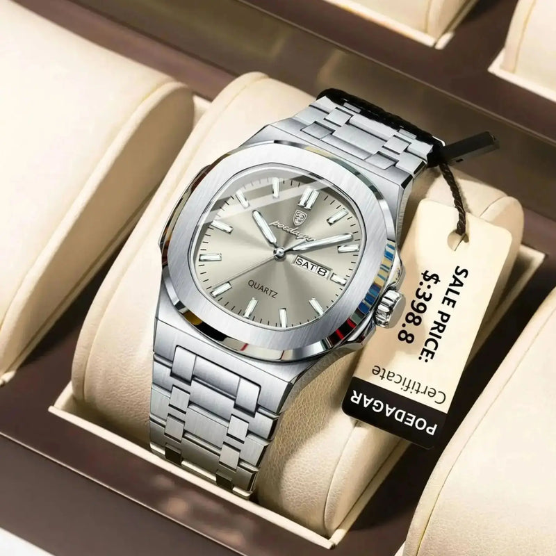 POEDAGAR Military Luxury Man Wristwatch Waterproof Luminous Date Week Square Men Clock Stainless Steel Quartz Men's Watches Male